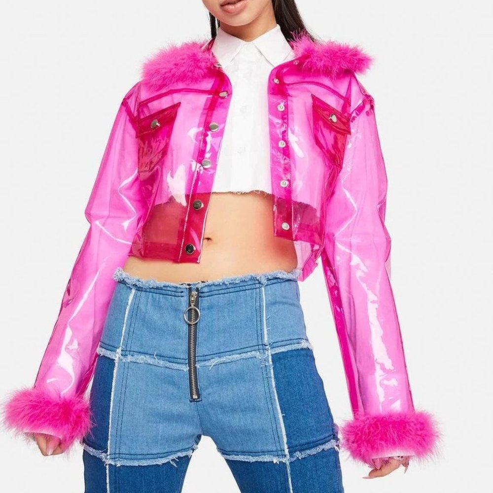 Dolls Kill Hot Pink Faux Fur Trim PVC Crop Jacket - Picture 2 of 9